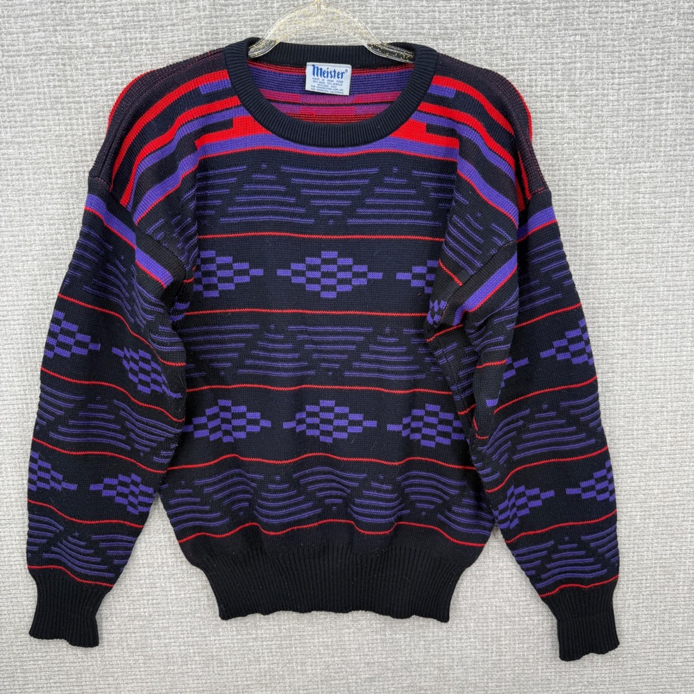 Vtg Meister Geometric Ski Sweater Mens M Black Purple Red Wool Blend Retro